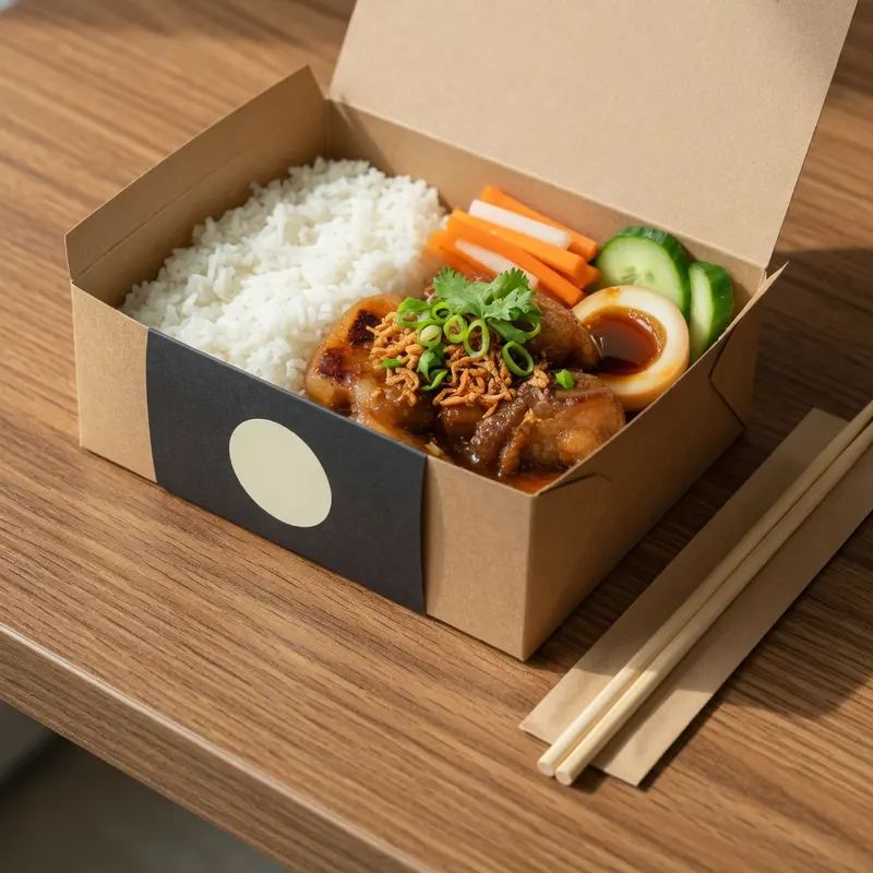 Hộp cơm thịt heo rô ti với trứng kho, đồ chua và dưa leo